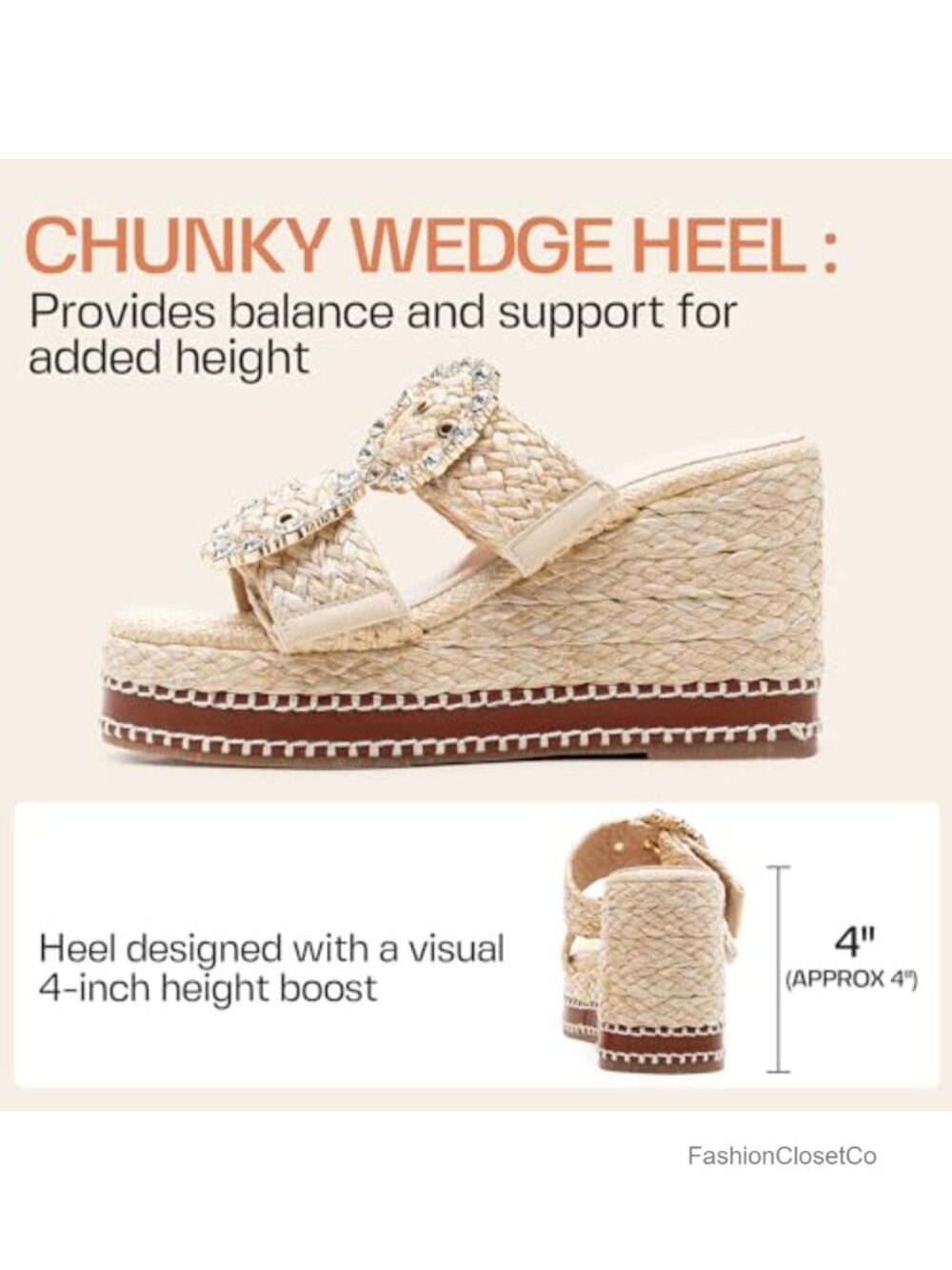 Woven Raffia Platform Wedge Sandals Espadrille Heels Square Open Toe Rhinestone - Picture 3 of 6